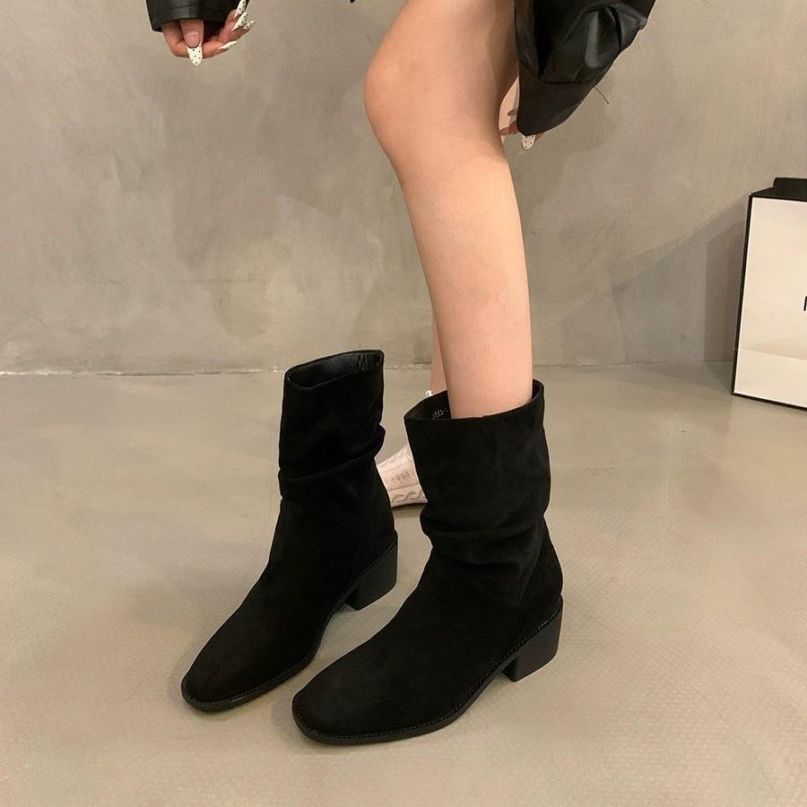 Retro Stacking Boots Women's Summer and Autumn 2025 New Thin Khaki Martin Boots Thick Heel Photo Cowboy Short Boots Women