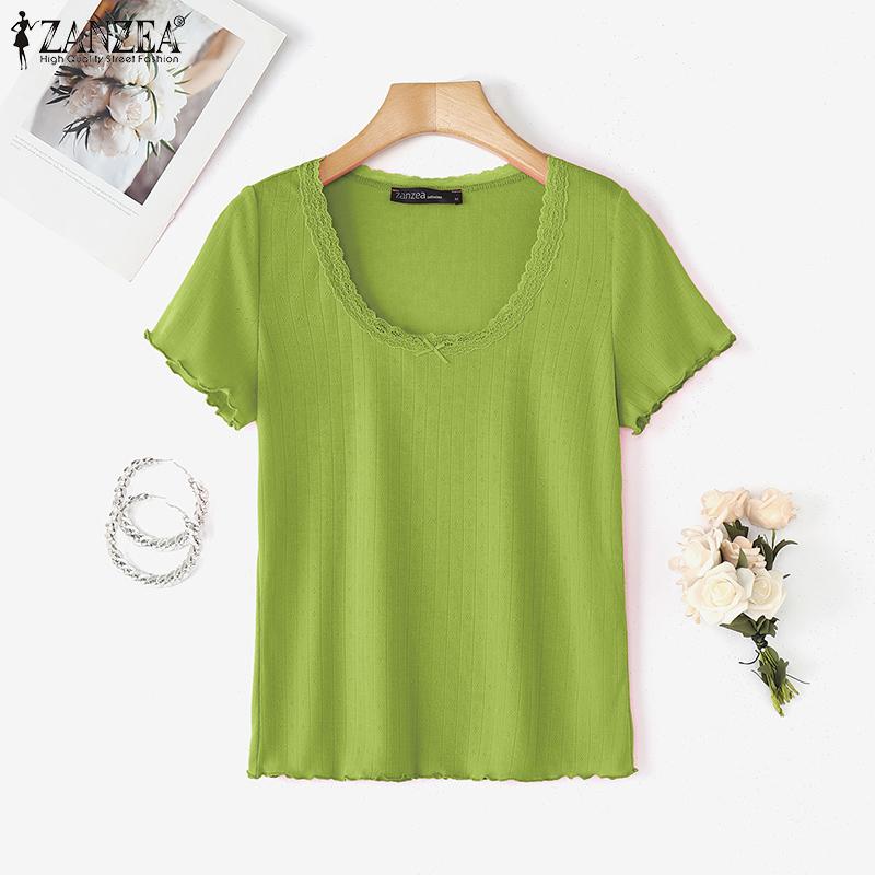 

ZANZEA Women Summer U Neck Short Sleeve Lace Hem Casual Fitted T-shirts S белый