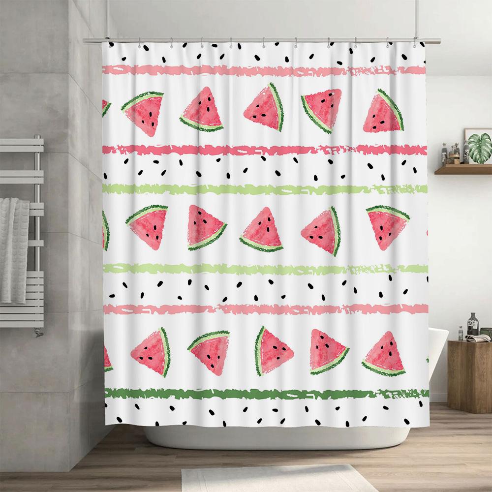 Watermelon Shower Curtain Watercolor Bath Decor For Bathroom Decoration Pink Green Stripe Design Waterproof Fabric Easy Installa