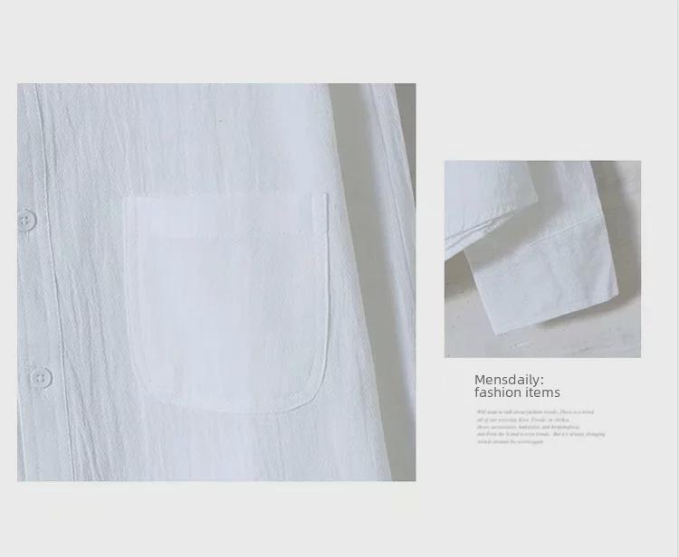 Men's Slim Fit Japanese Retro Linen-Cotton Shirt, Long Sleeve, Stand Collar, Casual All-Match Design.