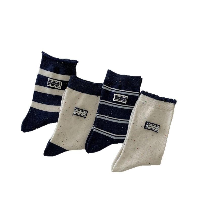 Navy Blue Series ~ Fabric Label Letter Socks, Women's Dot Yarn Contrasting Color Striped Pure Cotton Pile Socks, Mid-calf Socks