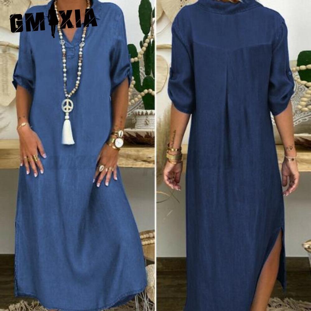 GMXIA Letní džínové šaty pro ženy Ležérní jarní modré maxi šaty Výstřih do V Poloviční rukáv Nadměrná velikost Dlouhé šaty s rozparkem