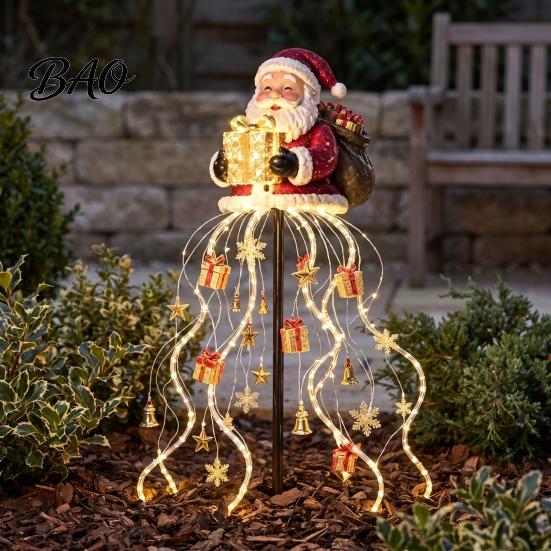 Weather Resistant Christmas Lawn Decor Solar Santa Claus Garden Light, LED Holding Gift Box Yard Stake Winter Wonderland with Cascading String Lights