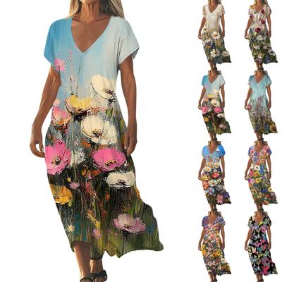 Fashion Women's Summer V-neck Short Sleeve Cotton And Linen Vintage Floral Print Beach Dress