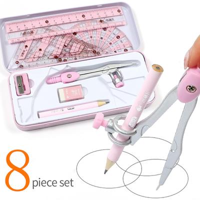 8Pcs/set Compass Pencil Rubber Pencil Sharpener Ruler Set Student Stationery Geometric Mathematics Drawing Tools School Supplies