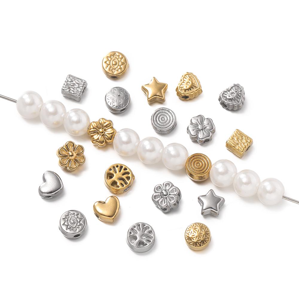 10Pcs/Pack Stainless Steel Various Shape Gold Steel Color Texture Spacer Beads for DIY Bracelet Jewelry Making Accessories