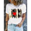 European Size Women's White T-Shirt with Leopard Print & Red Heart Love Lettering - Short Sleeve Round Neck Top