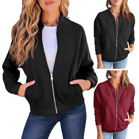 Women's Full Zip Up Jacket Spring Fall Long Sleeve Short Sweatshirt Casual Loose Outwear with Pockets
