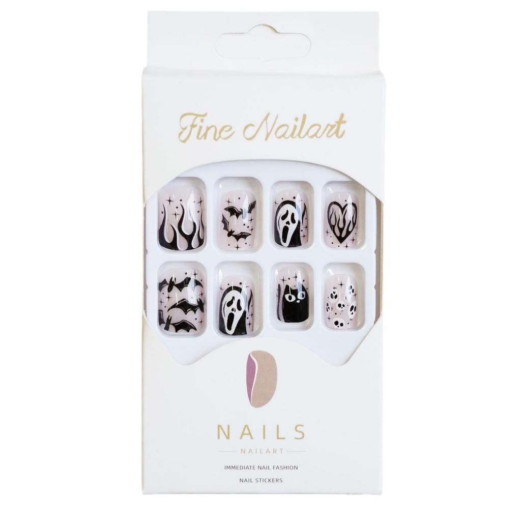 WM-19 Ghost Black Cat & Bat Halloween Nail Tips - Short Square False Fingernails