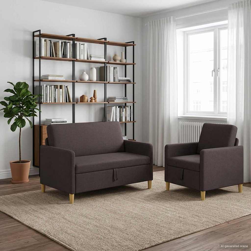 2 Piece Storage Sofa Set Dark Brown Polyester