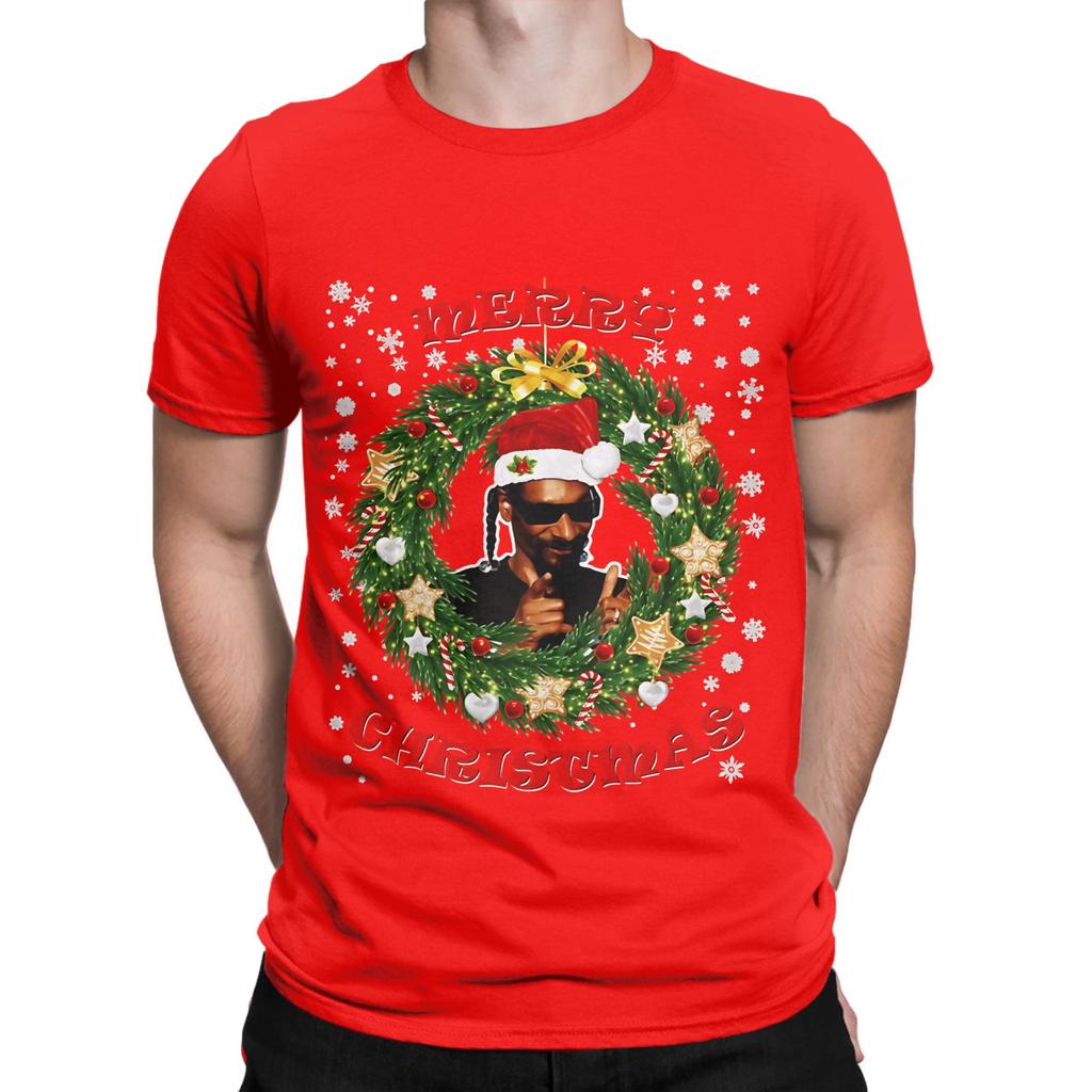 Merry Xmas Snoop Santa Hat And Dogg Christmas Wreath Novelty Graphic 100 Cotton TShirt Snoop Dogg Tees Tops For Unisex