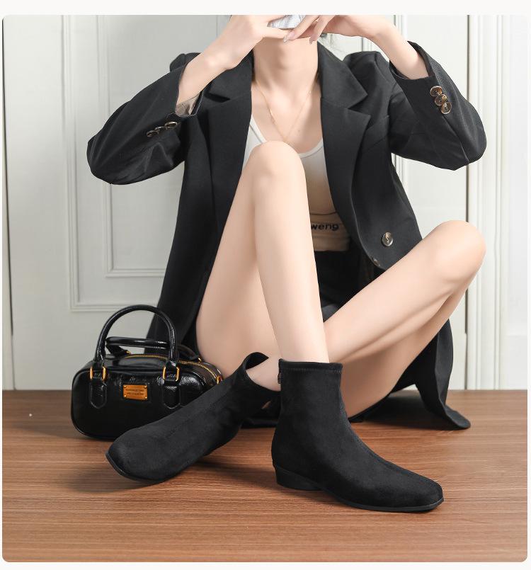 Grape Mom's Korean Retro Square Toe Suede Martin Boots for Women - Versatile Chunky Heel, Height-Enhancing, Autumn/Winter Short Boots