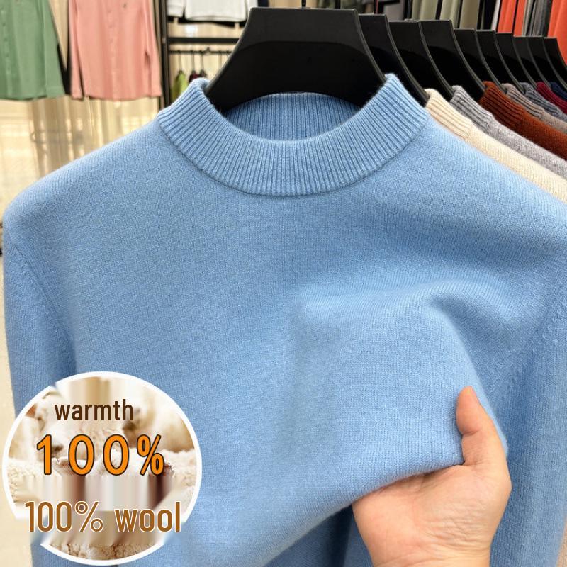 Men's Autumn/Winter Wool Sweater - Half-High Collar, Solid Color, Long Sleeve, Skin-Friendly, Warm Base Layer