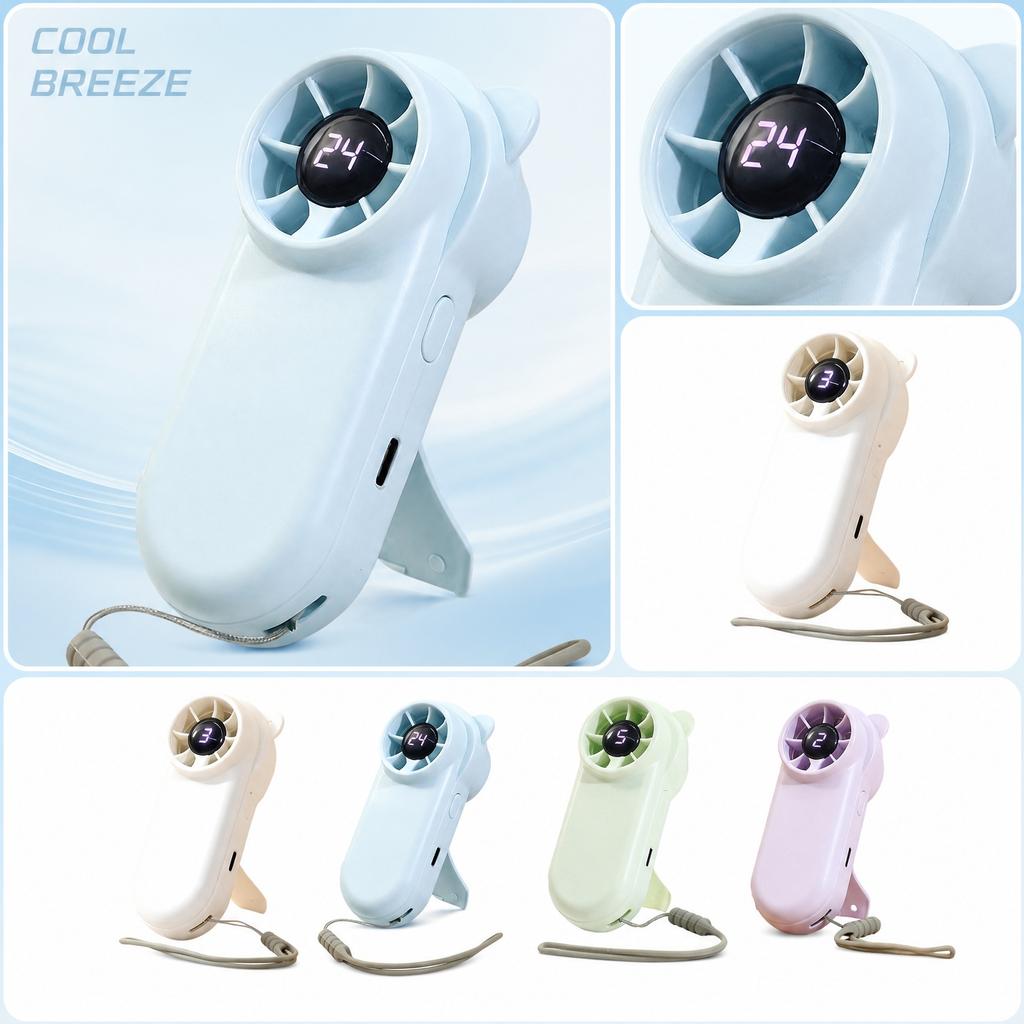 Portable Mini Rechargeable Handheld Fan with Stand and Strap Five Adjustable Speed Settings Compact Design for Outdoor Indoor Use