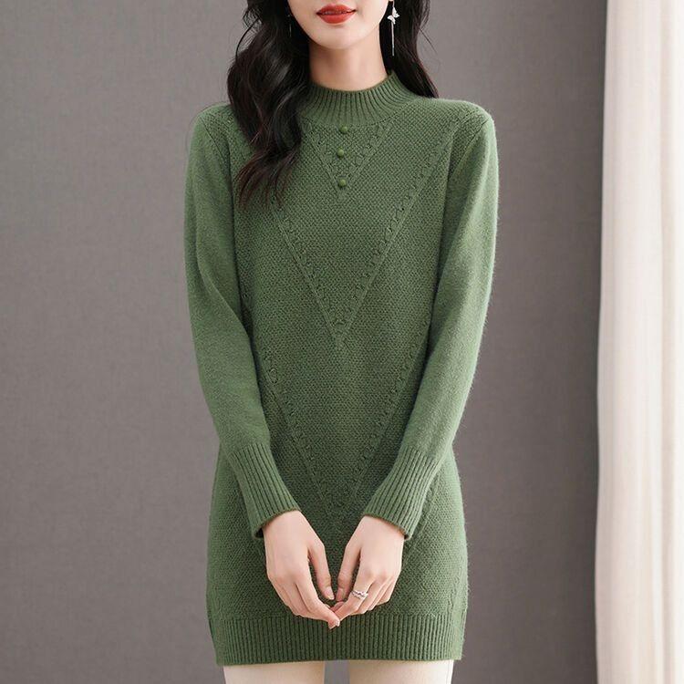 Half Turtleneck Sweater Dress for Women Solid Color Long-sleeved Mid-length Knitted Sweater Autumn and Winter Casual Loose Pullover