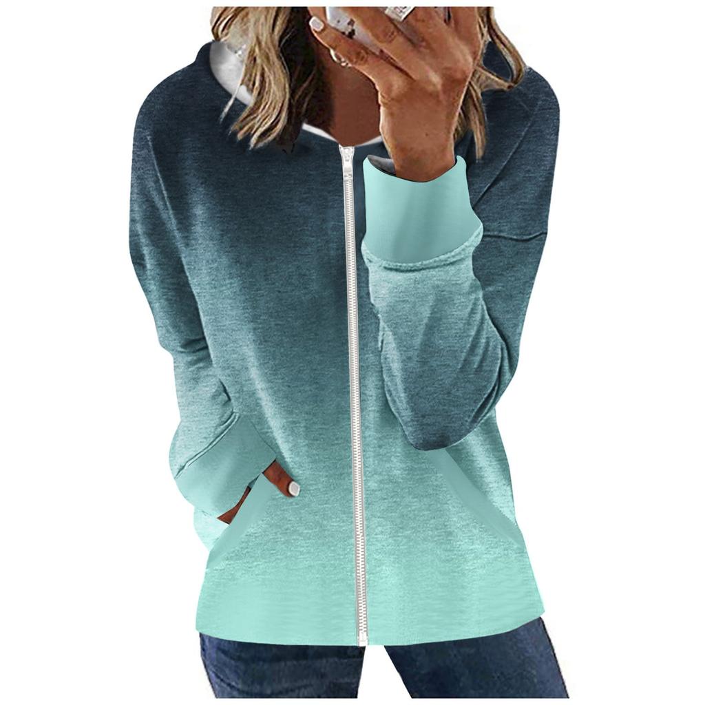 Damemote Casual Glidelås Gradient Langermet Pocket hettefrakk