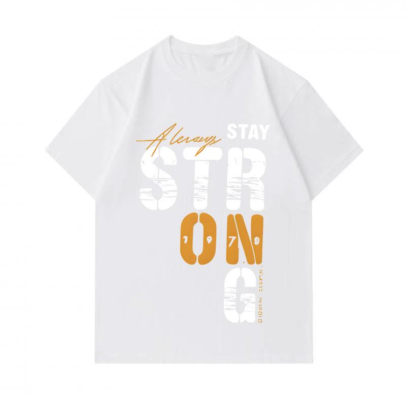 Men's 100% Cotton Crew Neck Short Sleeve T-Shirt, Always Stay Strong Letter Print Casual Comfortable Lightweight Tee for Daily Home Outdoor Wear, Loos