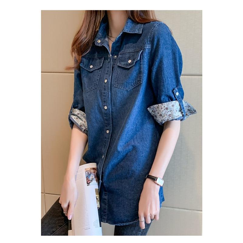 Camicia Casual in Denim a Maniche Lunghe alla Moda da Donna Stile Coreano Ampia Nuova con Rever Primavera e Autunno Ufficio Blusa Lunga Streetwear Top Giacca Abbigliamento