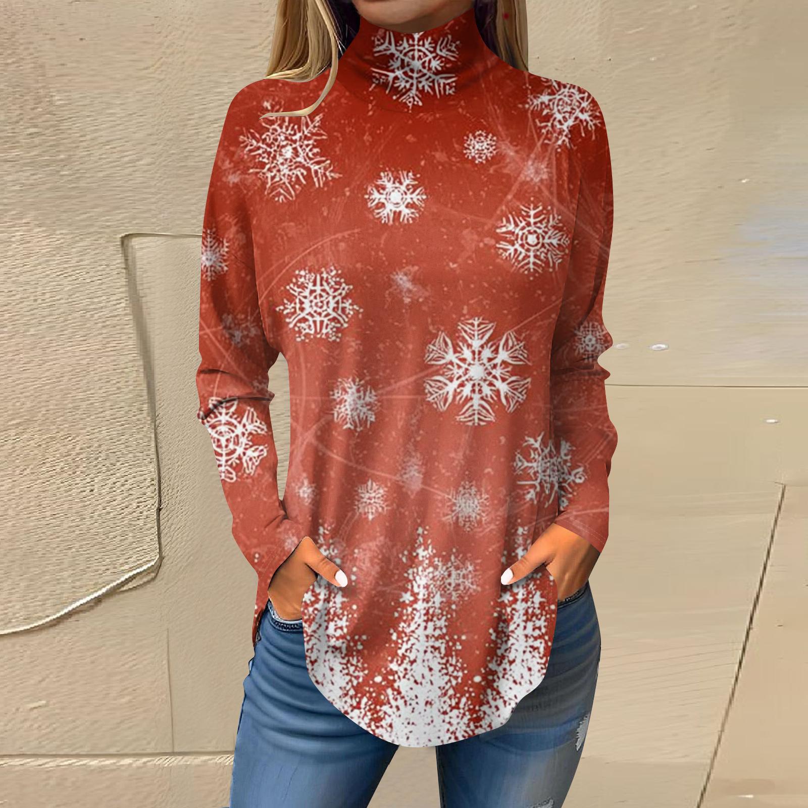 

Женская модная футболка свободного кроя с высоким воротом и рождественским принтом, топ с длинным рукавом XL красный