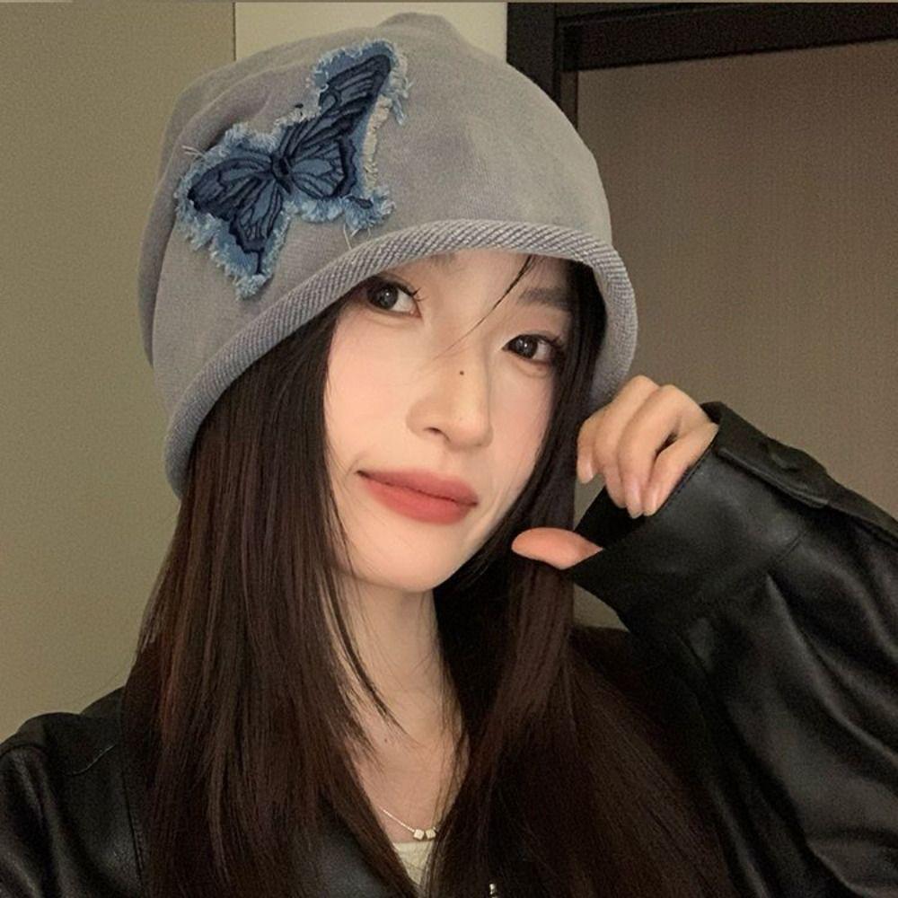 Patch Butterfly Beanies College Style Pullover Hat Soft Retro Skullies  Outdoor