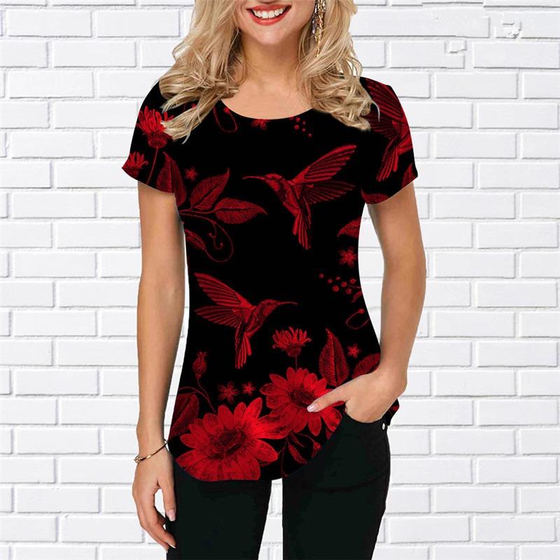 Women s bird print short sleeved summer short sleeved street 3D style women s loose casual round neck oversized S