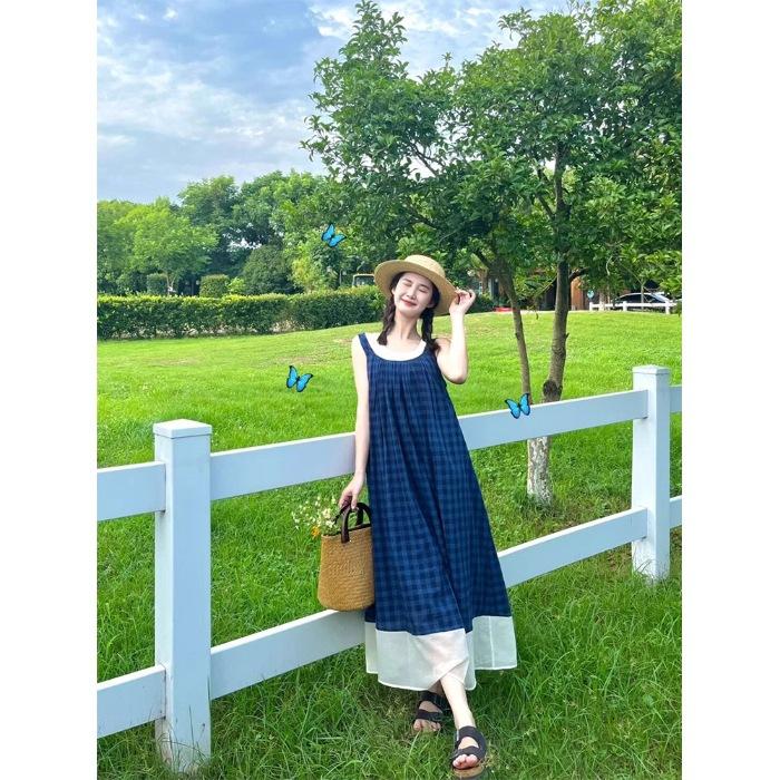 Blue plaid summer sleeveless dress French literary style Mori retro small fresh holiday suspender vest long dress S синий