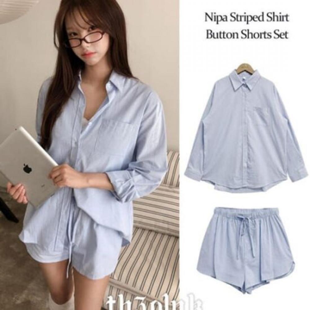 The Pink Women Loose Fit Stripe Shirt + Banding Short Pants Set