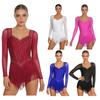 S-XXL Women‘s Latin Dance Competition Bodysuit: Rhinestone Mesh Long Sleeve with Strappy Back & Tiered Tassel Hem Leotard