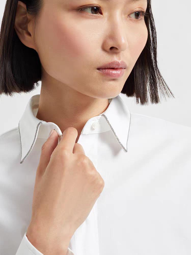 

White Beaded Cotton Minimalist Long Sleeve Shirt - Non-Iron, Wrinkle-Resistant Medium білий