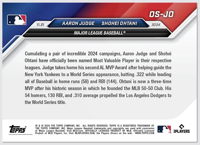 Topps now Shohei Ohtani and Aaron Judge MVP commemorative card OS-JO