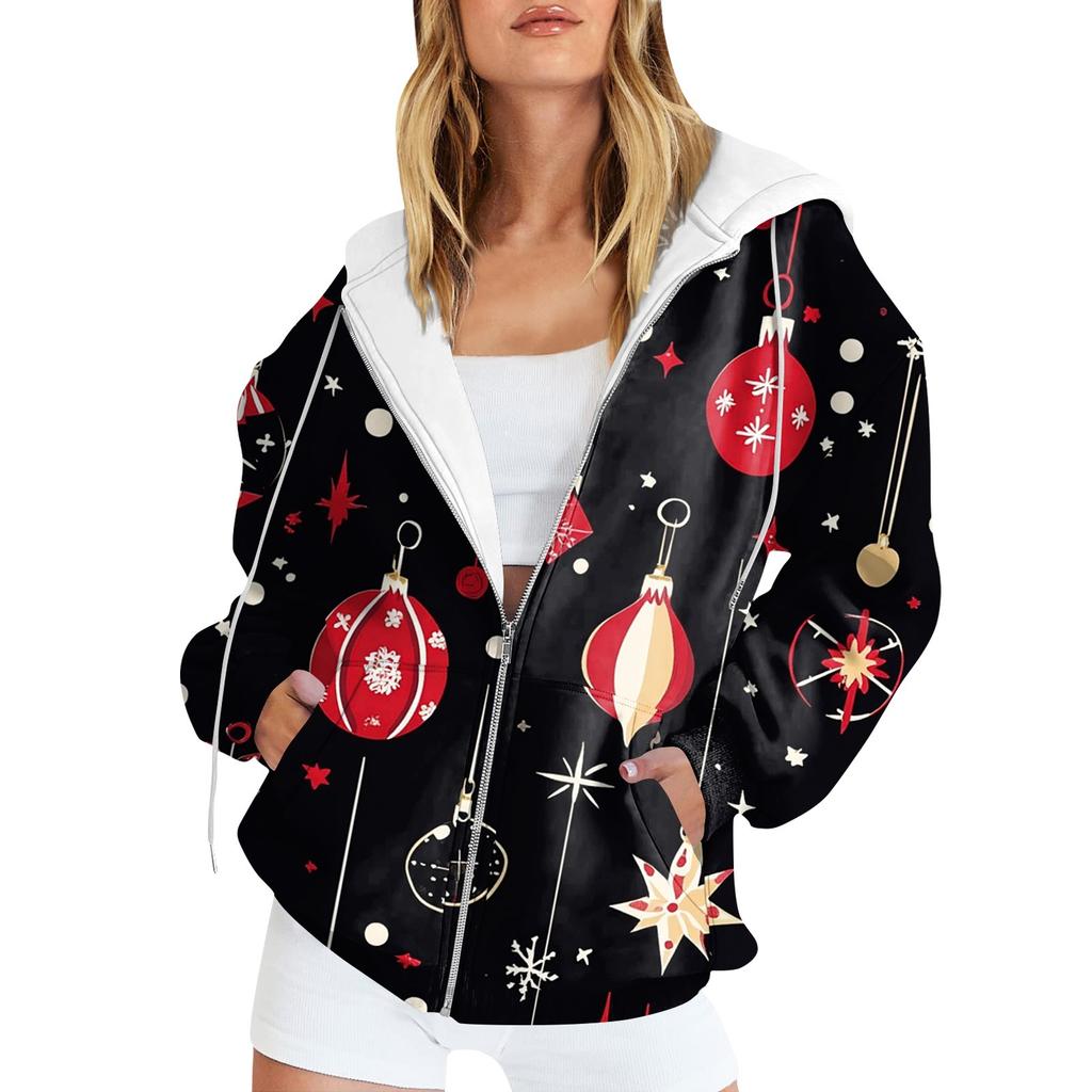 Women's Long Sleeve Christmas Print With Pockets Cardigan Zipper Hooded Sweatshirt Jacket