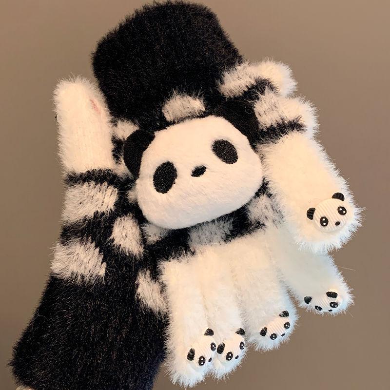 Cute red panda plush knitted gloves female winter thickened warm student riding cold can be divided
