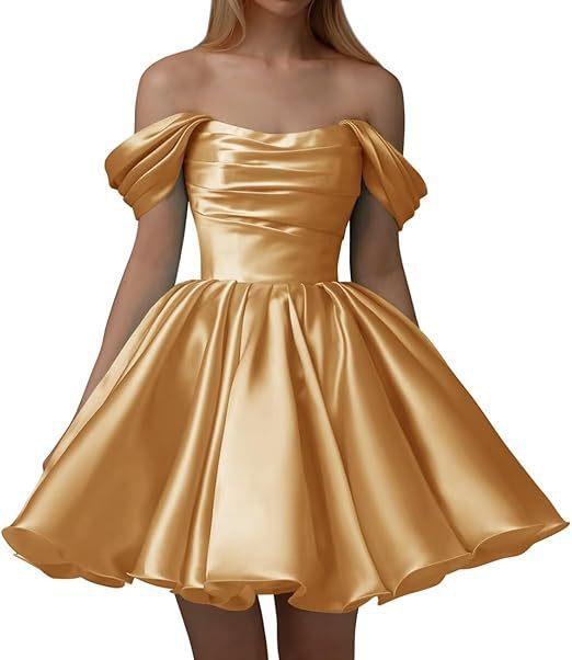European and American one-word shoulder dress new satin short pleated dance wedding party dress daily dress