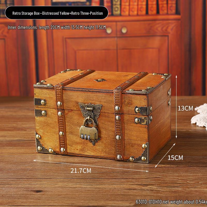 Retro Wooden Desktop Storage Box with Lockable Password - Treasure Chest Photography Prop