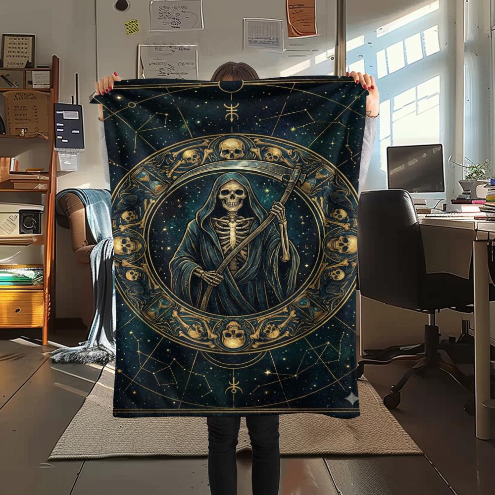 1Pc Death Print Flannel Blanket, High quality Comfortable for All Seasons, Home Decor, Warmth and Comfort, Perfect for Christmas Gifts W155