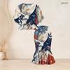 Women Plus Size Two Piece Skirt Set Round Neck Batwing Sleeve Galaxy Printed Ruffle Hem Top Fishtail Skirt