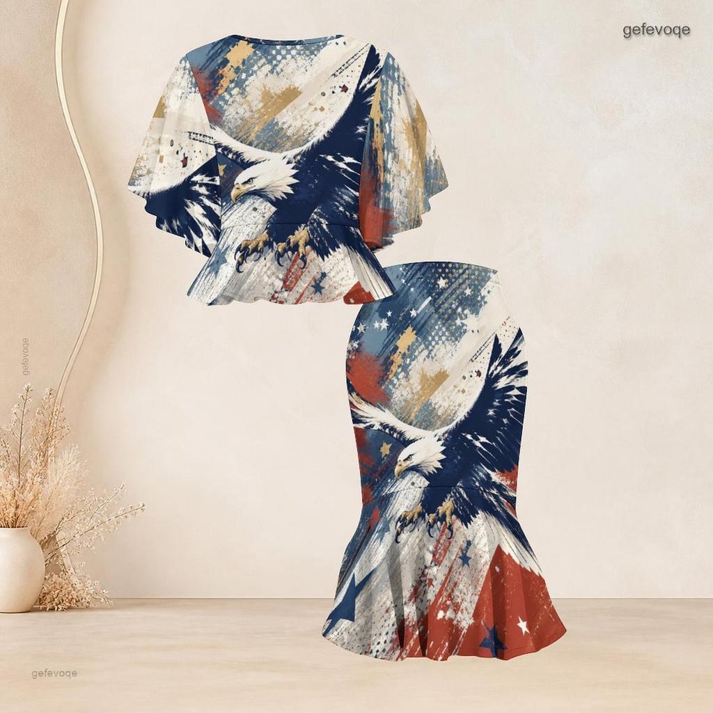 Women Plus Size Two Piece Skirt Set Round Neck Batwing Sleeve Galaxy Printed Ruffle Hem Top Fishtail Skirt