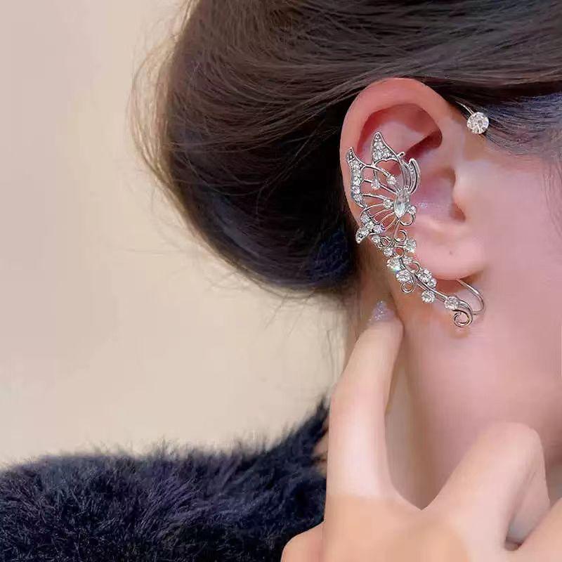 

2Pcs Trendy Black Bead Multi Layer Tassel Ear Cuff Earrings for Women Punk Fake Piercing Long Earrings Without Ear Hole Zircon