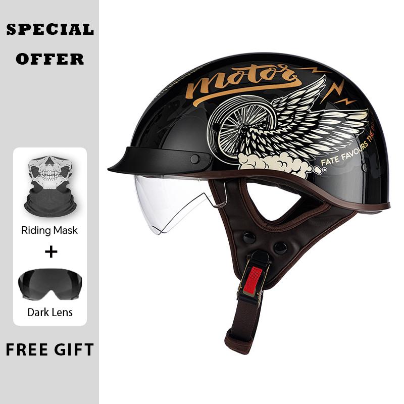 Men Women Universal Motorcycle Helmets with Lens Retro Half Face Helmet ABS Shell Capacete De Moto DOT Approved Moto Equipment