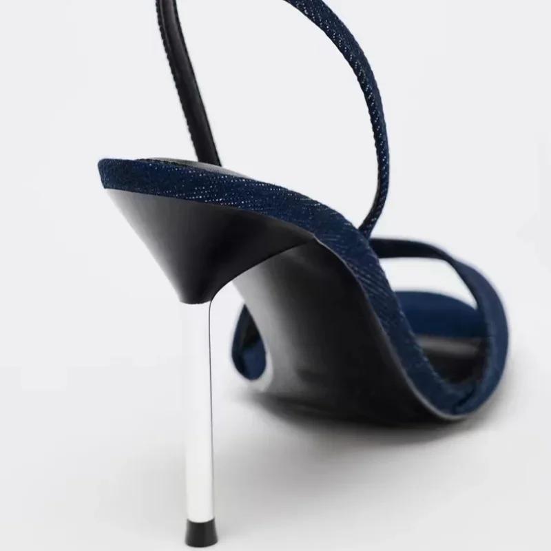 Fashion Denim Blue Thin Heeled Sandals Women Sexy Peep Toe Ankle Strap Buckle High Heels Summer Elegant Pumps Comfort Casual Sandalias