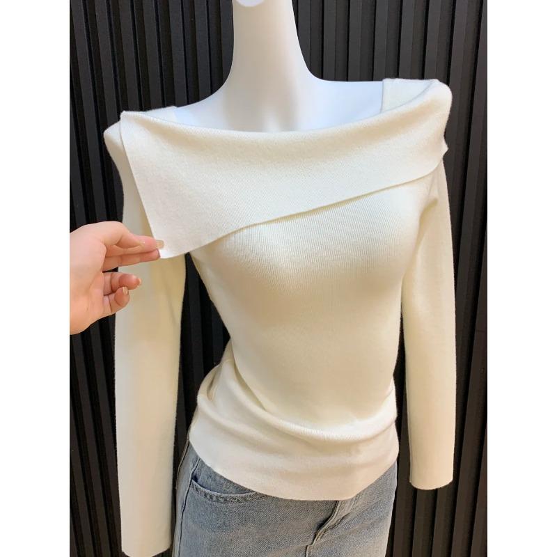 

Temperament one-word shoulder high-end knitted bottoming shirt women s spring slim-fit Spice Girl long-sleeved top lazy sweater S