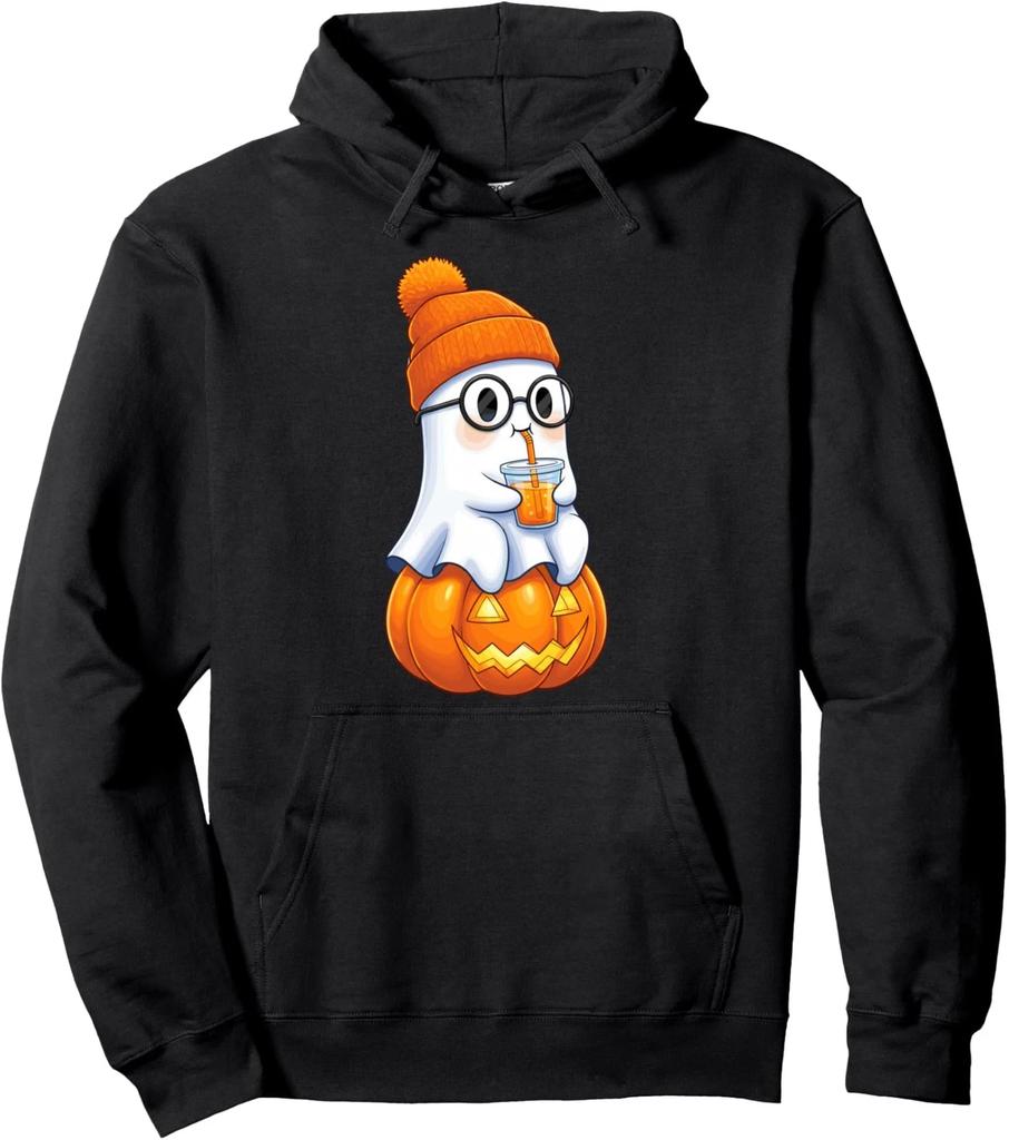 Ghost with Bubble Tea Pumpkin Halloween Vibes Unisex Hooded Sweatshirt