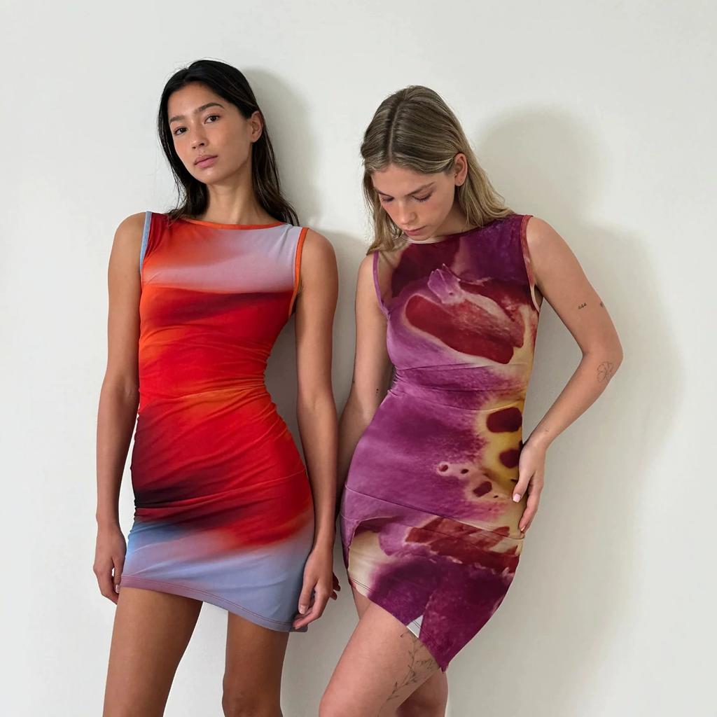 Women's Sleeveless Bodycon Mini Dress High Waist Tie Dye Print Asymmetric Hem Sexy Summer Party Club Short Dress Polyester Slim Dress