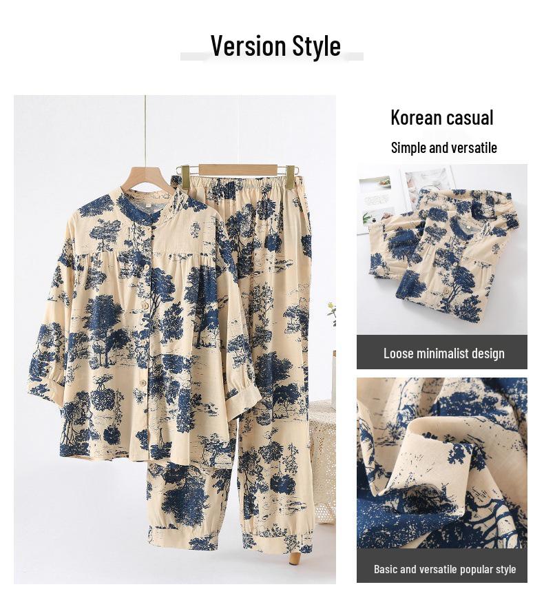 Women’s Korean Style Bamboo Cotton Pajamas - Loose Casual Fit with Seven-Sleeve Top and Long Pants for Homewear