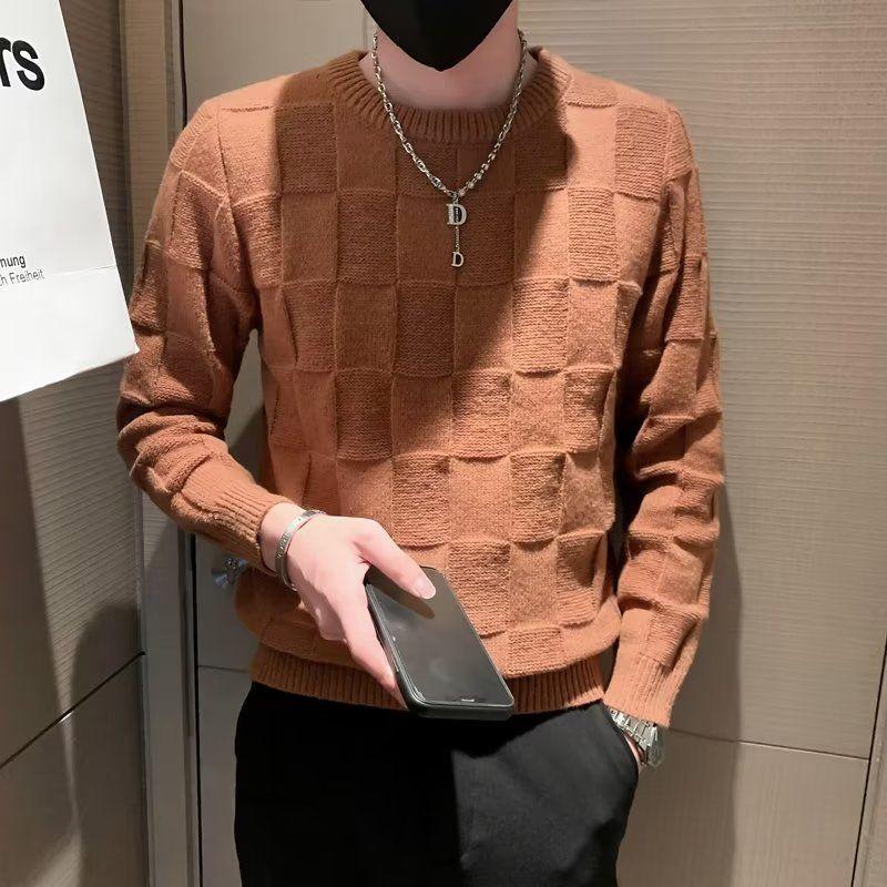 Korean Autumn/Winter New Sweaters Men's O-Neck Solid Chessboard Pattern Fashion Casual Loose Long Sleeve Pullovers Knitted Tops