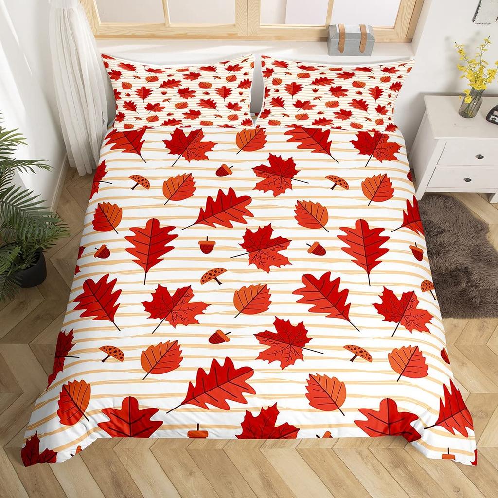Capa de Edredom Folha de Bordo King Canadá Flor Nacional Conjunto de Cama Planta Outono Folhas Caídas Capa de Edredom Erva Botânica Conjunto de Cama