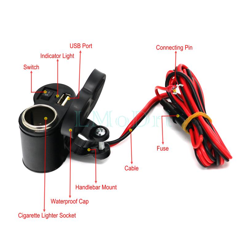 LMoDri Motorcycle 12/24V Cigarette Lighter Socket Motorbike Handlebar Waterproof Power Port USB Charger Adapter For Phone