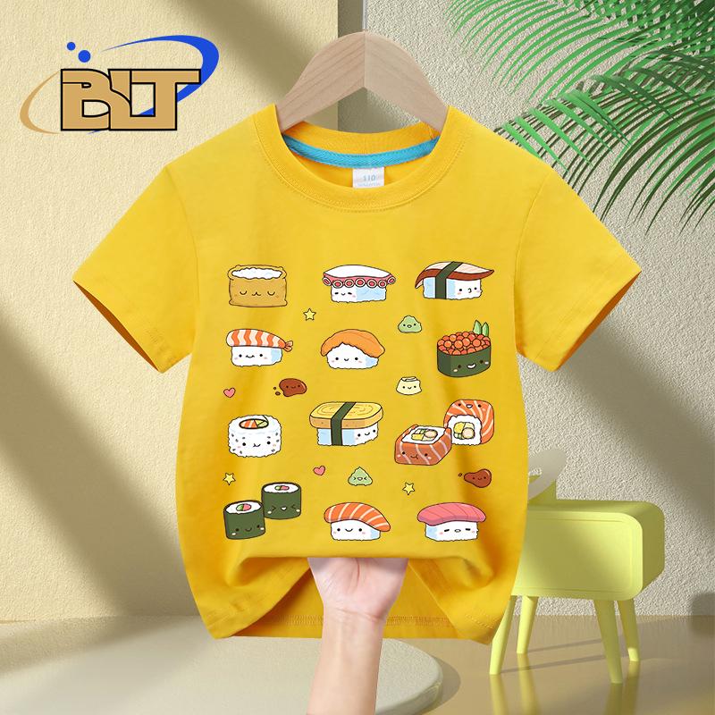 Kawaii Japanese Sushi printed kids Tshirt summer pure cotton shortsleeved casual tops for boys and girls