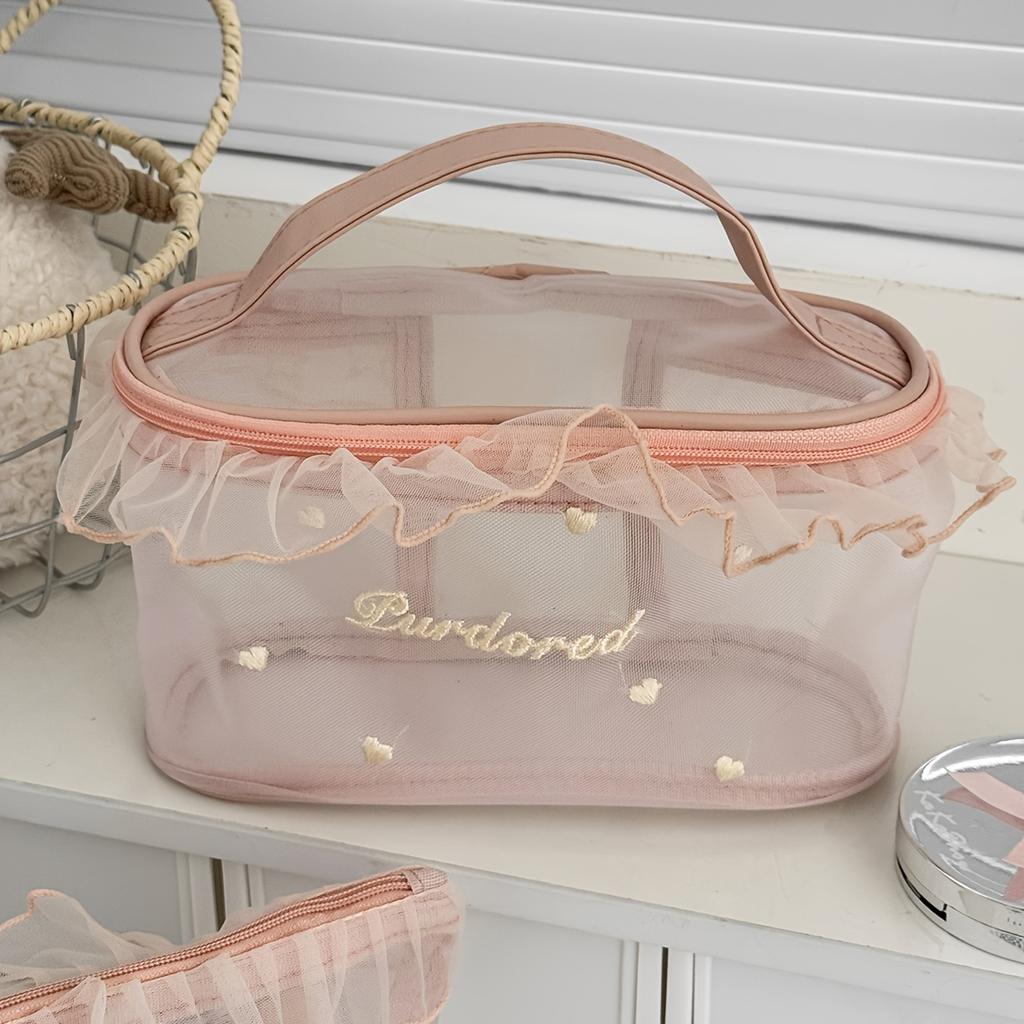 Cute Ruffle Love Embroidery Mesh Makeup Bag, Lightweight Portable Travel Cosmetic Storage Pouch