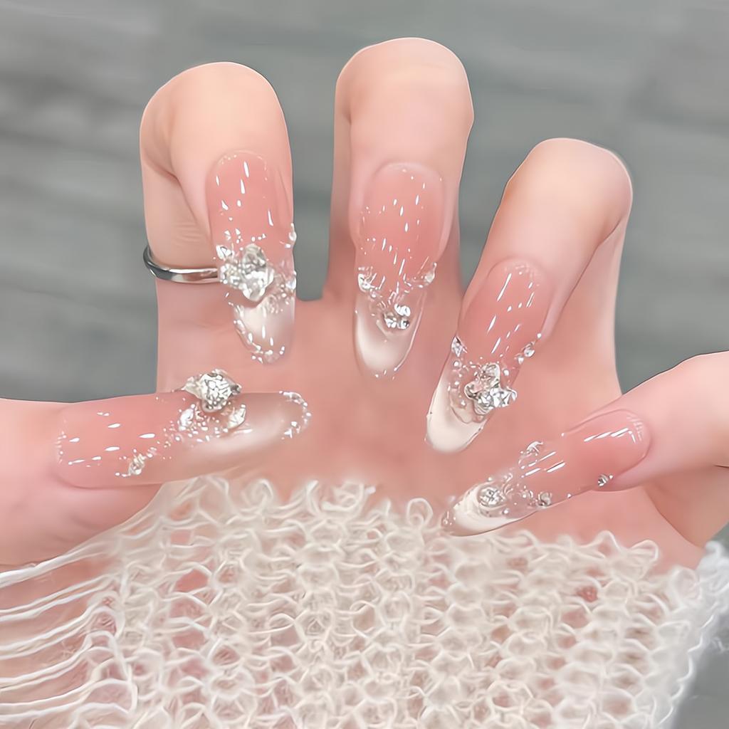 Press On Nails Medium Stiletto Glitter Fake Nails Press Ons with Design Reusable Acrylic False Nail Full Cover Glue On Nail Stick On Nail for Women